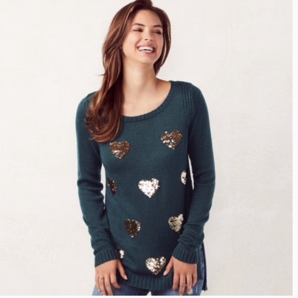 Lauren Conrad Teal & Gold Sequin Heart Sweater | M